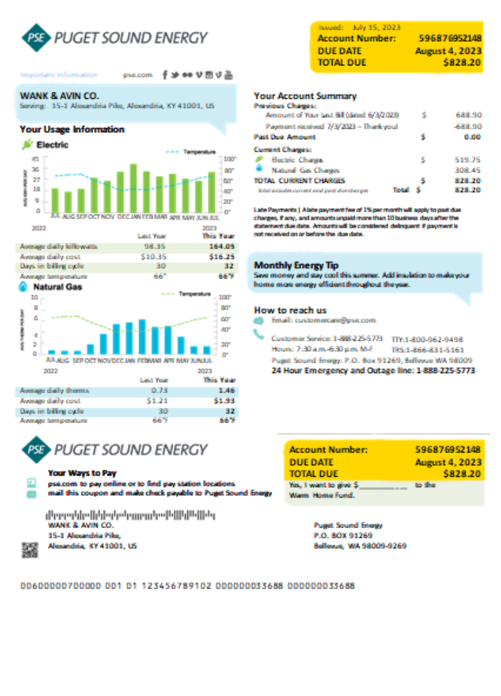 Washington Puget Sound Energy utility business bill,  SCR PSD template
